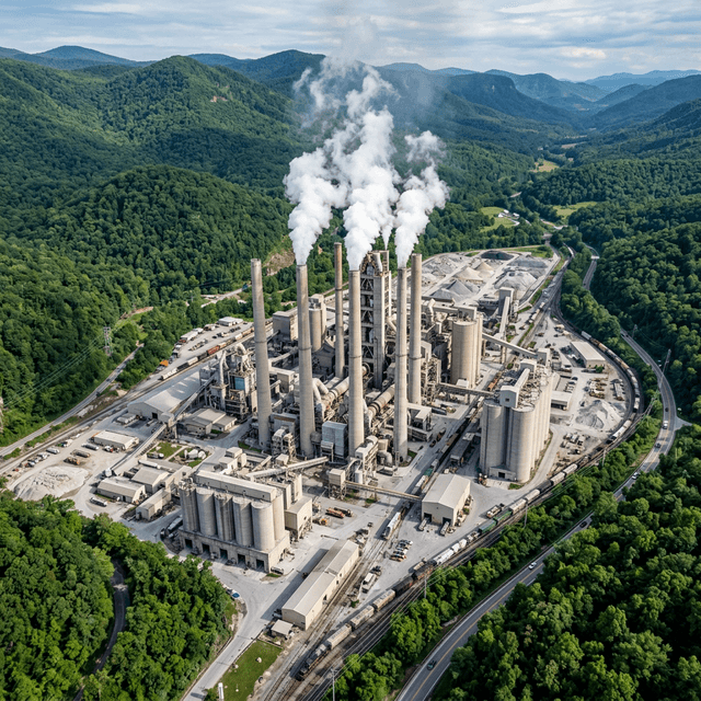 Industrial cement factory with smokestacks